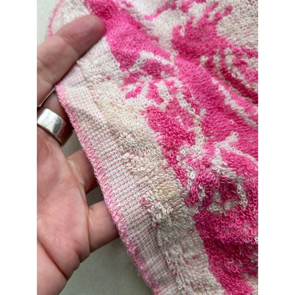 Vintage Pink Terry Cloth Baby Bib White Duck Graphic Retro Tie Neck Nursery